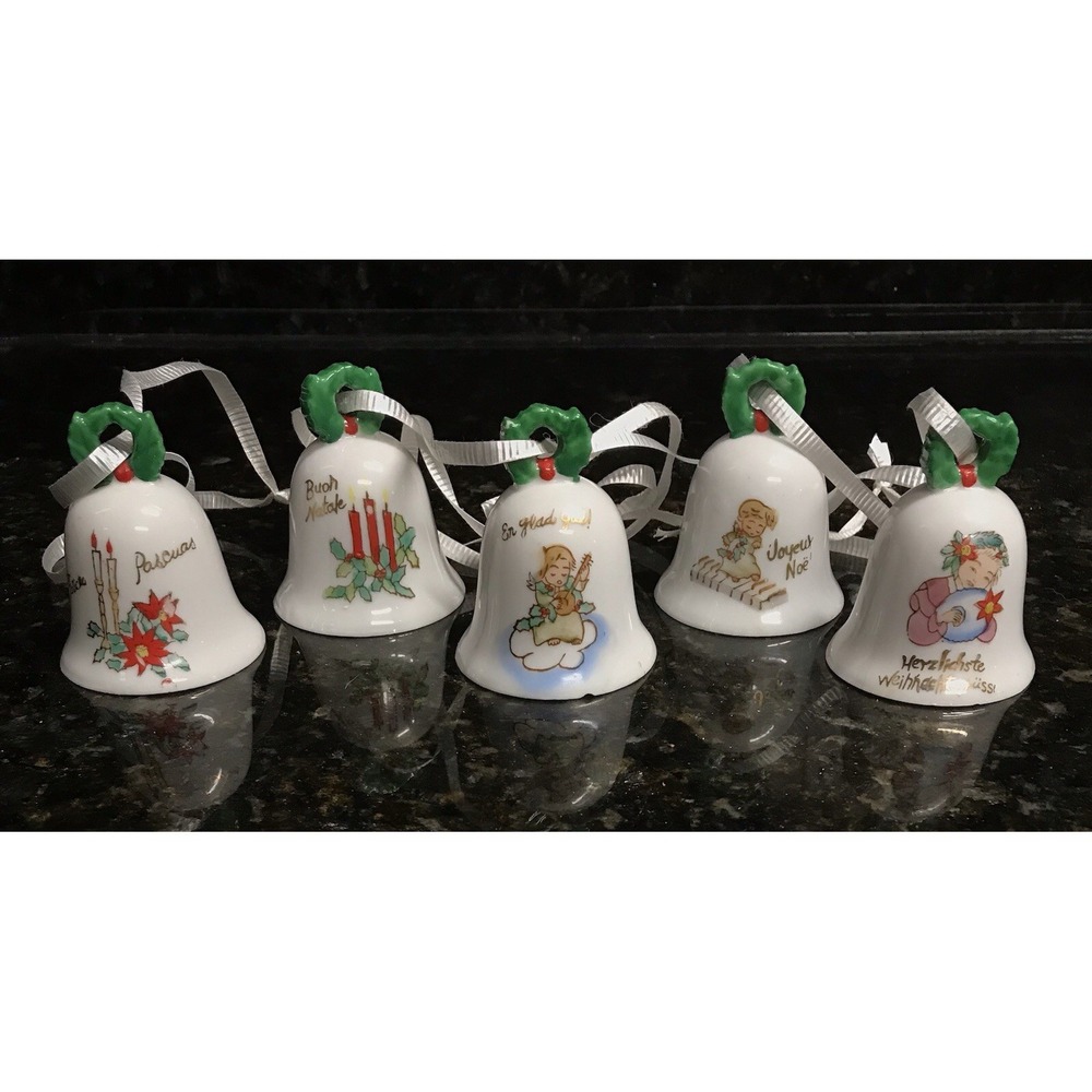 5 Christmas Bell Ornaments Hand Painted Italy Sweden German Vintage Made Japan